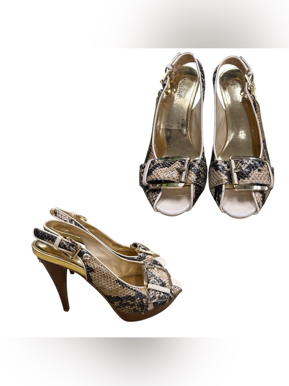 Michael Kors Snake-Print Peep Toe Slingback Heels in Beige and Black S6